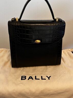 Bally Black Croc-Embossed Top Handle Satchel with Gold Accents